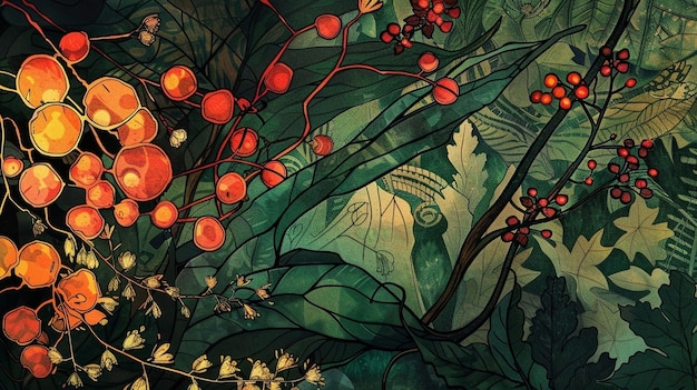 Colorful lush green forest vegetation with flowers and berries in art nouveau style