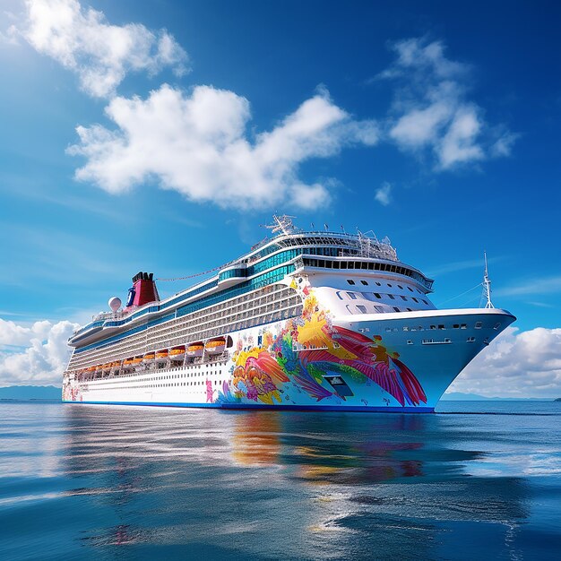 Colorful Luxury cruise ship sailing to port with blue sky and clouds generated by AI