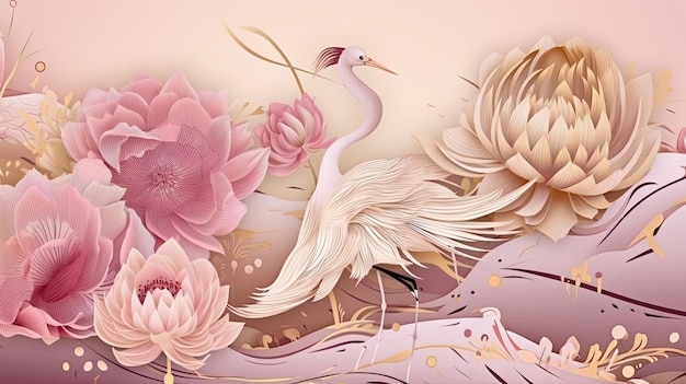 Colorful and luxury landscape with oriental flowers and birds Pink tones Generative AI