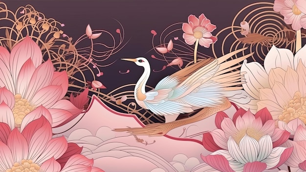 Colorful and luxury landscape with oriental flowers and birds Pink tones Generative AI