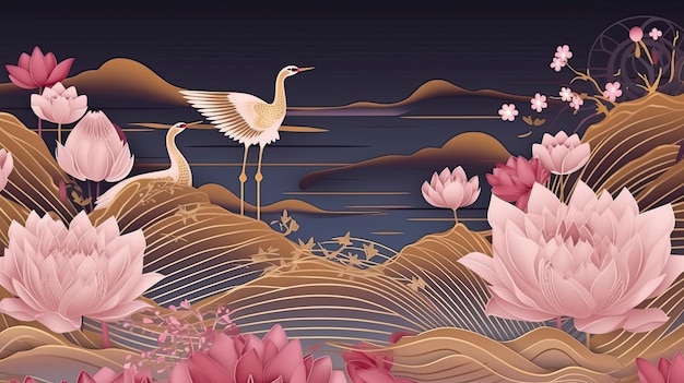 Colorful and luxury landscape with oriental flowers and birds Pink tones Generative AI