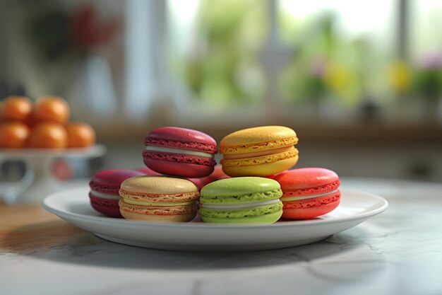 Colorful macarons arranged neatly on a plate