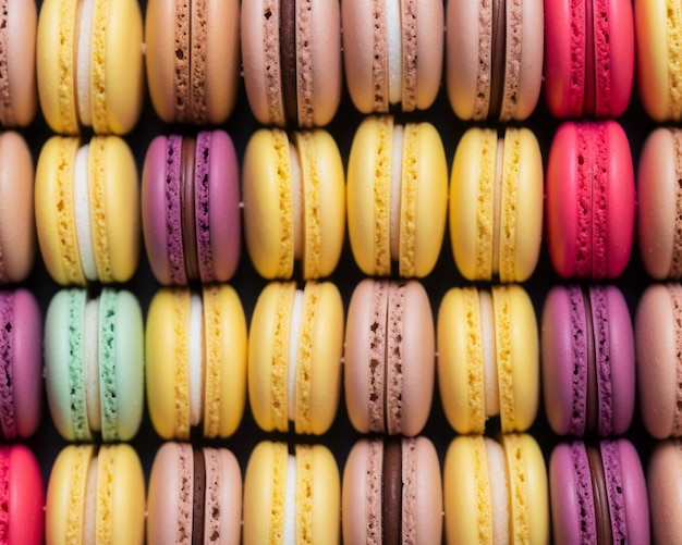 Colorful macarons on a black background