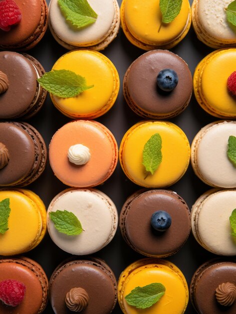 Colorful macarons on a black background