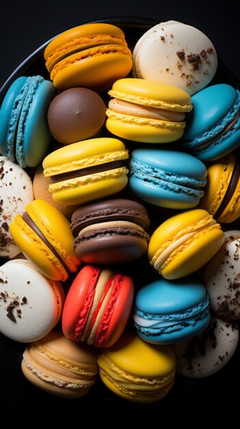Colorful macarons on a black plate