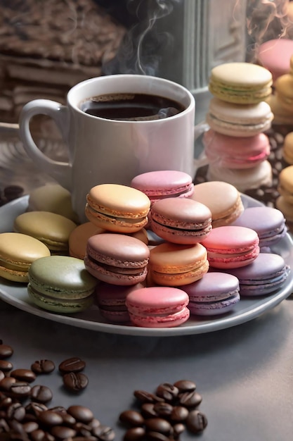 Colorful macarons desert soft pastel color and cup of coffee