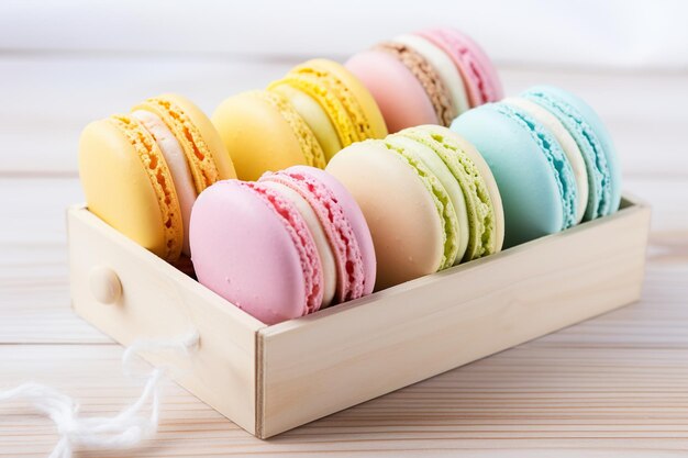 Colorful macarons dessert in box on wooden background