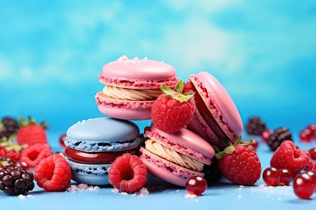 Colorful macarons dessert with berries on blue background