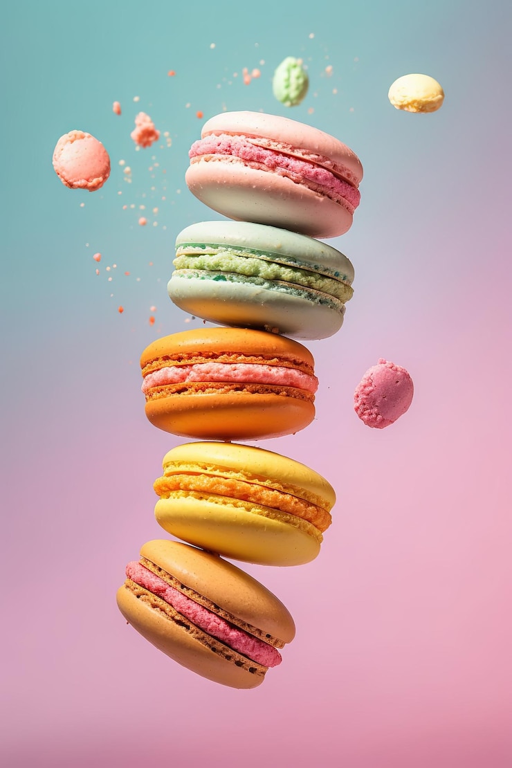 Photo colorful macarons flying in air colorful macarons falling in air colorful macarons cakes