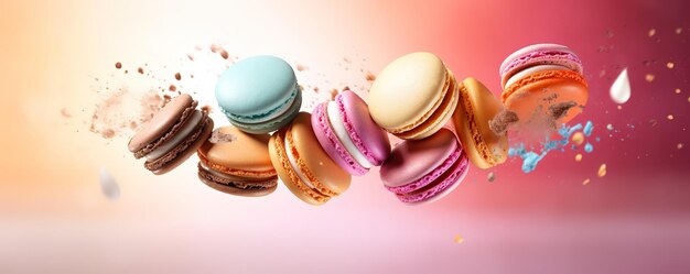 Colorful macarons flying in air Colorful macarons falling in air Colorful macarons cakes