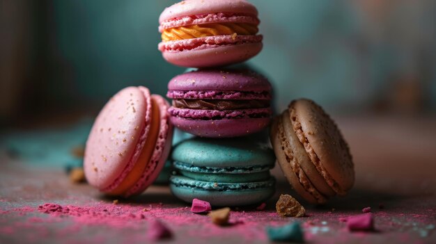 Colorful macarons stacked with crumbs on a textured background