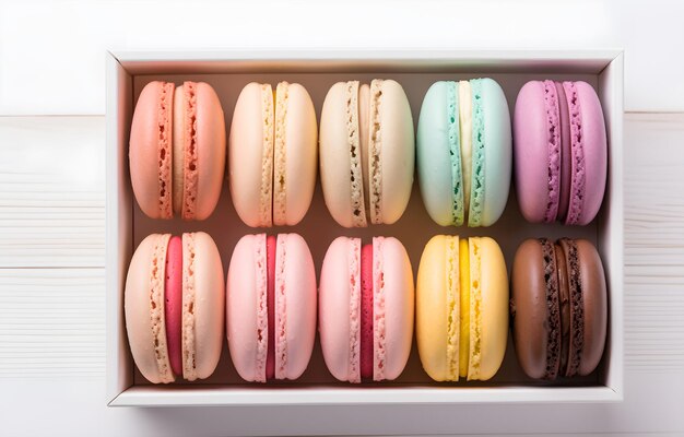 colorful macarons in white box on white wooden table top view