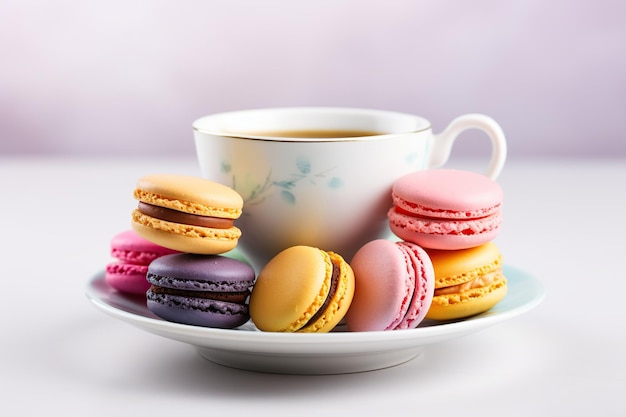Colorful macarons with cup of tea on white background