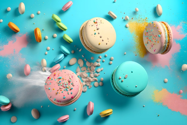 Colorful macarons with sugar powder explosion moment on blue background Neural network generated art