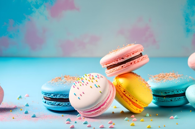 Colorful macarons with sugar powder explosion moment on blue background Neural network generated art