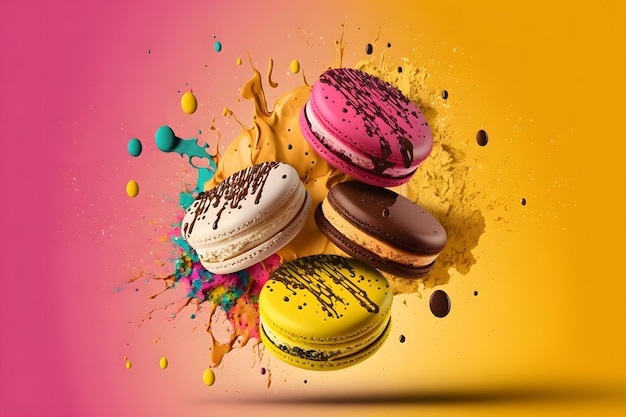 Colorful macarons with sugar powder explosion moment on orange background Neural network generated art