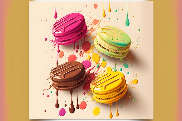 Colorful macarons with sugar powder explosion moment on orange background Neural network generated art