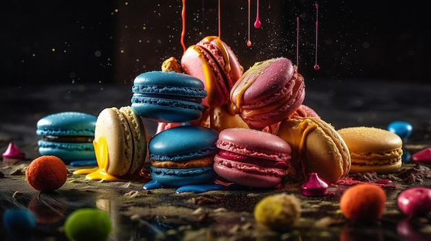 Colorful macaroons are stacked on a table with a black background.