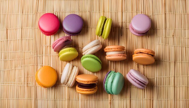 Colorful macaroons on a bamboo mat on white background