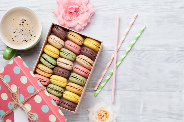 Colorful macaroons and coffee