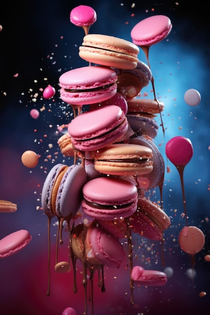 Colorful macaroons fly in the air on black background Levitation concept