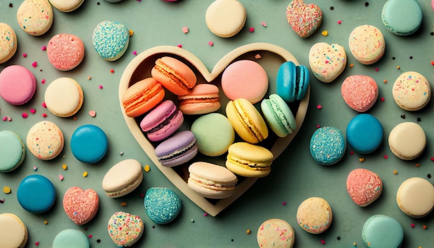 Colorful macaroons in a heart shaped bowl