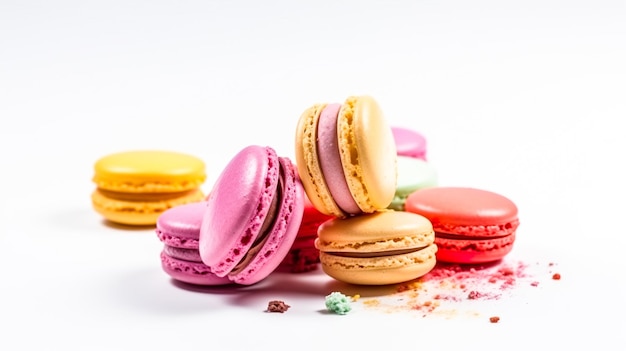 Colorful macaroons isolated on white background Sweet macaroons Generative AI