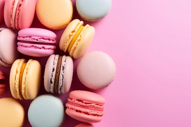 colorful macaroons on a light pink table