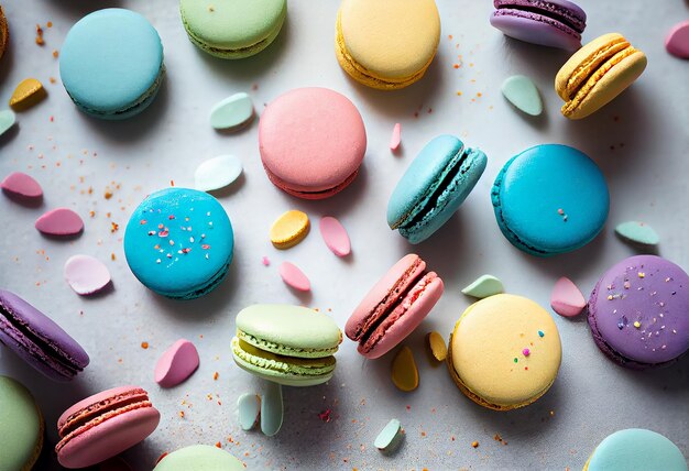 Colorful macaroons on a table with colorful sprinkles