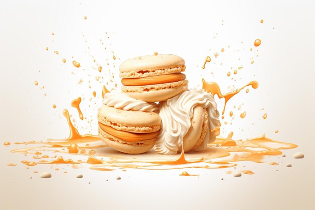 Colorful macaroons with milk splash isolated on a white background