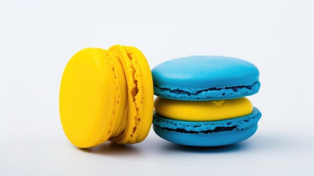 Colorful macaroons yellow and blue on a white background Closeup Generative AI