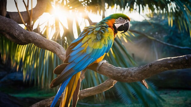 Colorful macaw bird at tree branch in morning sunlight