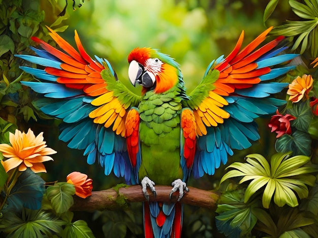 Colorful Macaw bird in tropical forest AI generated