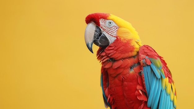 A colorful macaw on a clean yellow background