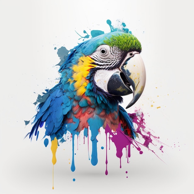 colorful macaw, paint splash illustration