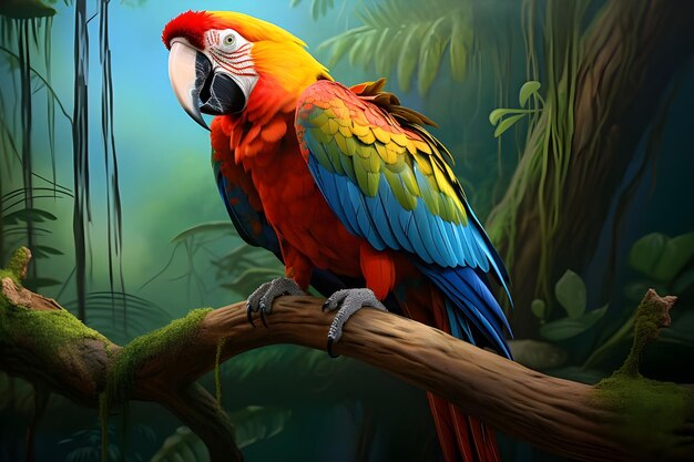 Красочный попугай-ара, сидящий на ветке в джунглях.
