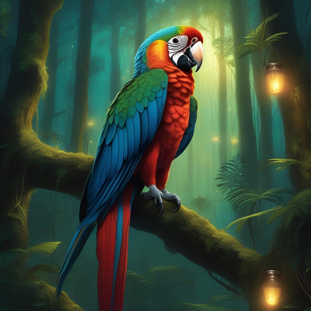 colorful macaw perched parrot bird animal in the night forest jungle