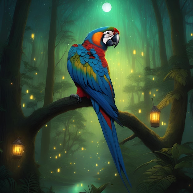 colorful macaw perched parrot bird animal in the night forest jungle