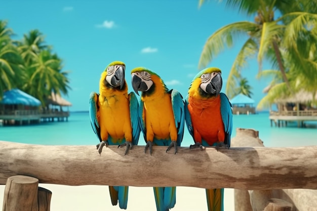 Colorful macaw perches on idyllic tropical blue sea setting