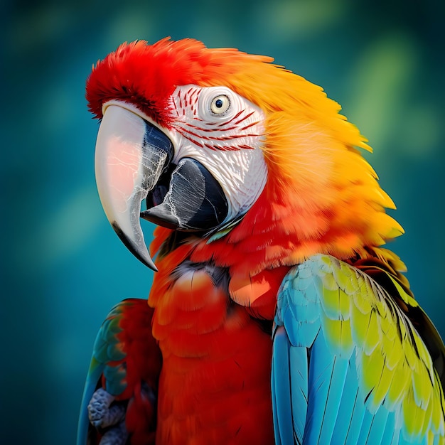 Foto un'ara colorata con una piuma e uno sfondo verdi e rossi