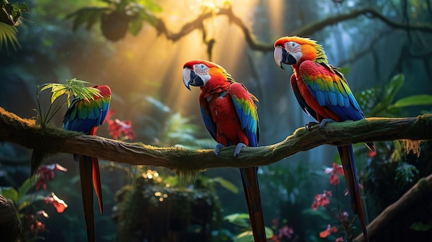 Colorful Macaws Perched on a Rainforest Canopy in the jungle