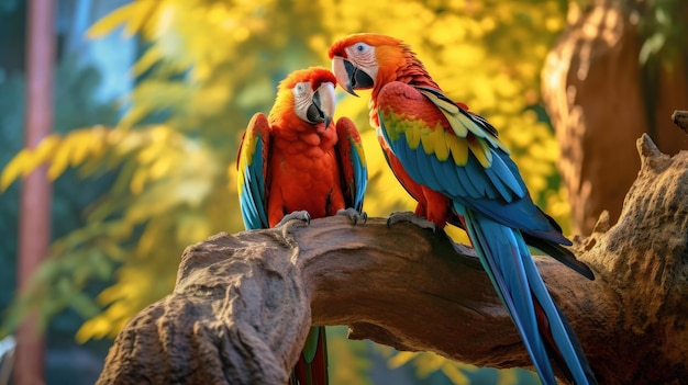 Colorful macaws perched on a tree