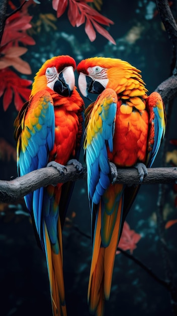 Colorful macaws perched on a vibrant tree branch wallpaper for the phone