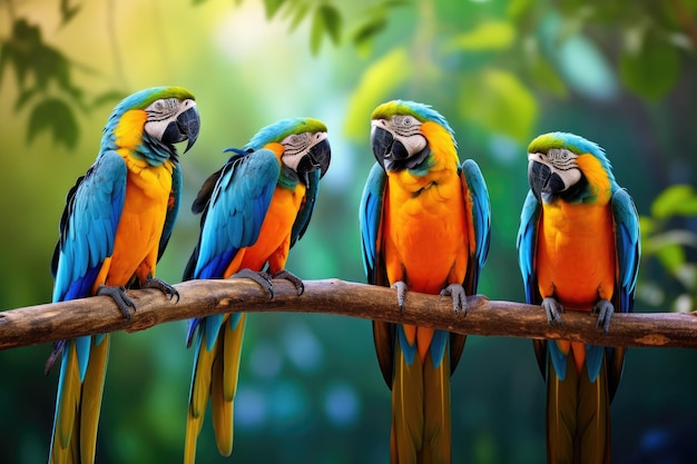 Colorful macaws sitting on a branch in the forest Thailand Beautiful macaws in the jungle Blue and yellow macaw AI Generated