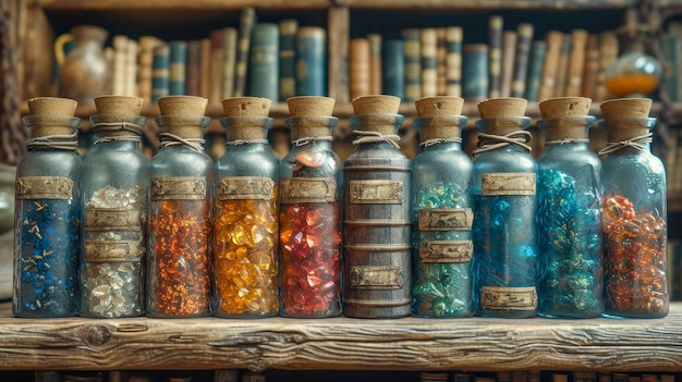 Colorful magic potion in bottles on a shelf in a wooden box