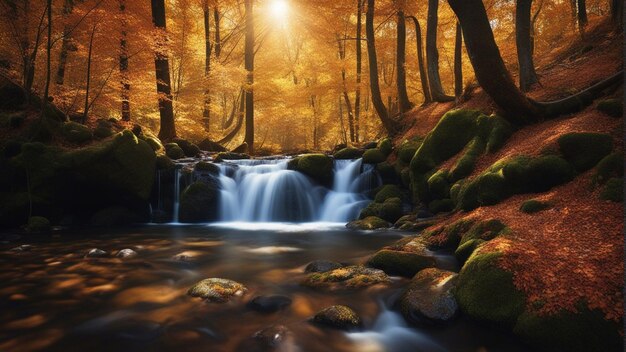 秋の国立公園の森にある色鮮やかな雄大な滝