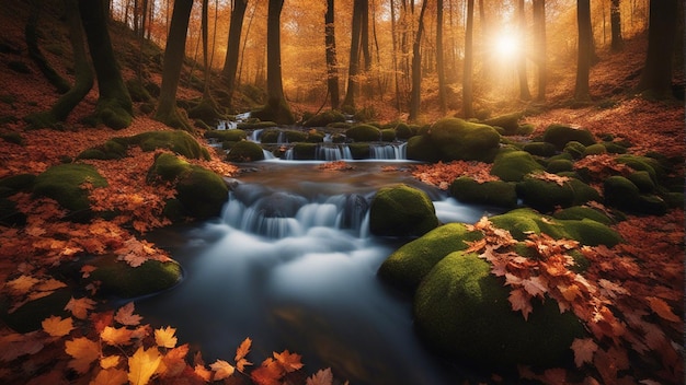 秋の国立公園の森にある色鮮やかな雄大な滝