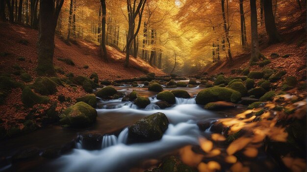 A colorful majestic waterfall in national park forest during autumn