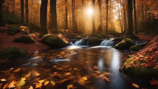 A colorful majestic waterfall in national park forest during autumn