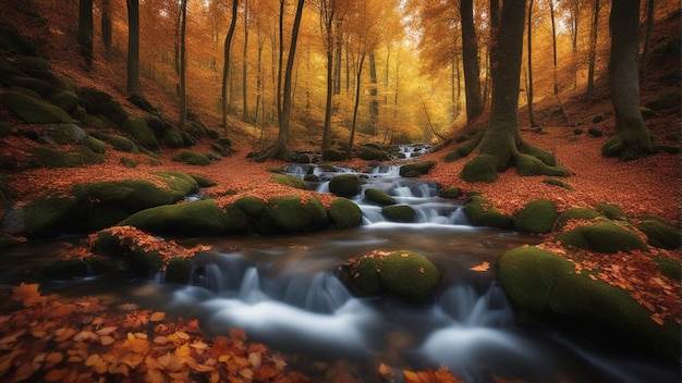 A colorful majestic waterfall in national park forest during autumn